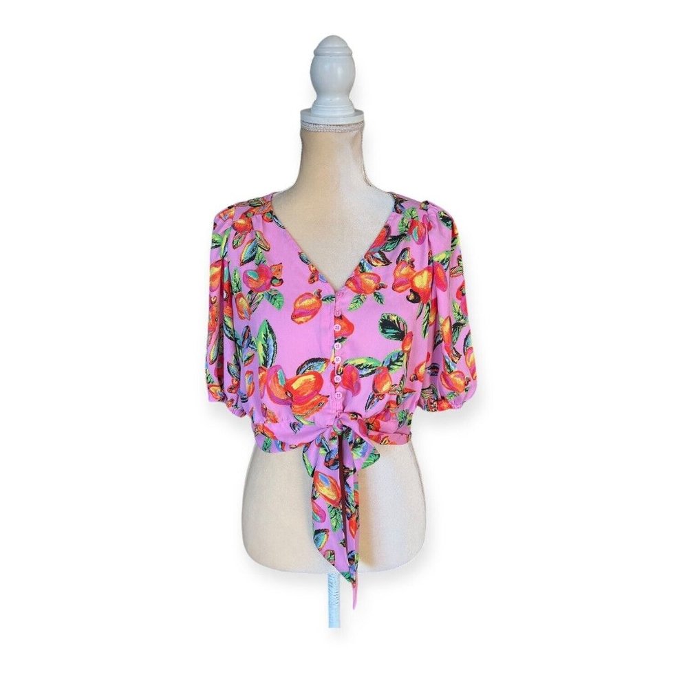 Joie Tie Front Mango Print Top Size M Medium Pink Blouse